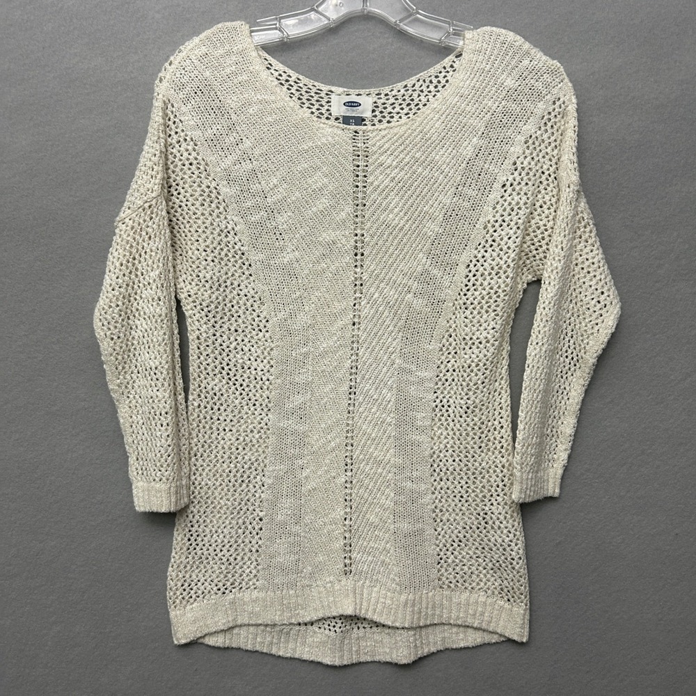 Old Navy Women XS Sweater Ivory Open Knit Boho Mesh Relaxed Tunic 3/4 Sleeve